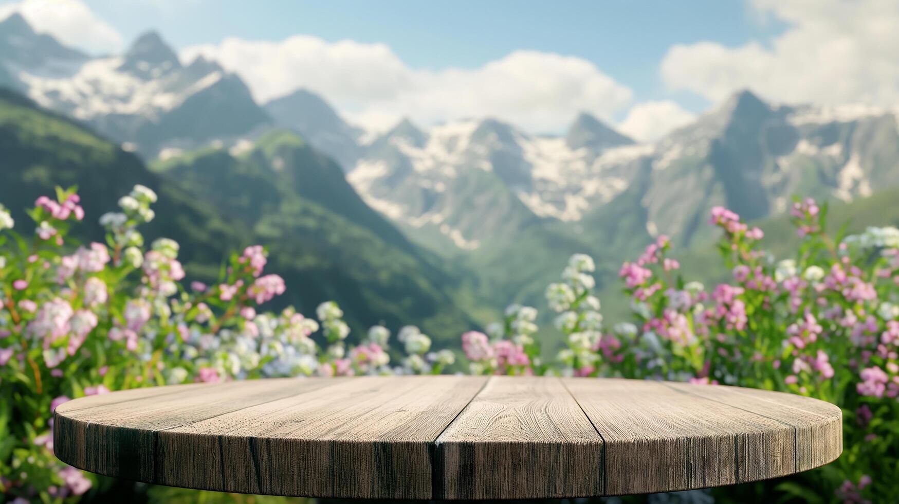 AI generated podium mockup round wooden pedestal with blur nature background. Background for natural cosmetics and branding photo