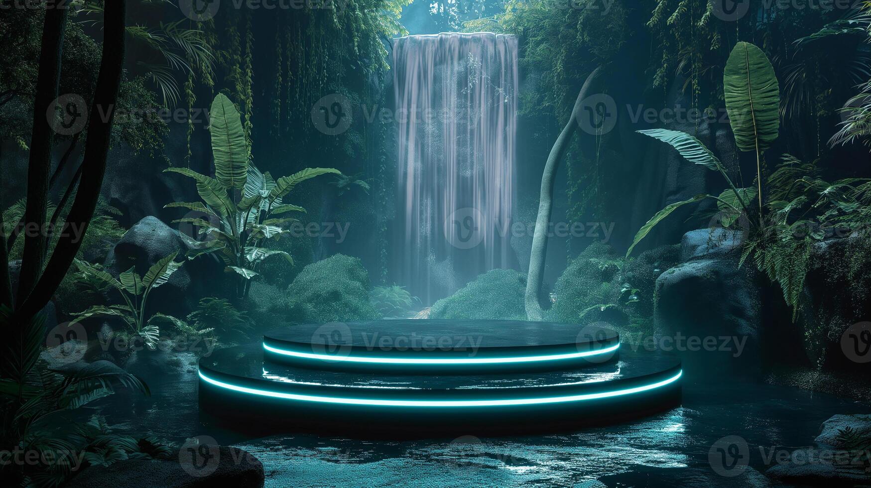 AI generated empty space product mockup podium with a jungle themed and nature background. Background for natural cosmetics and branding photo