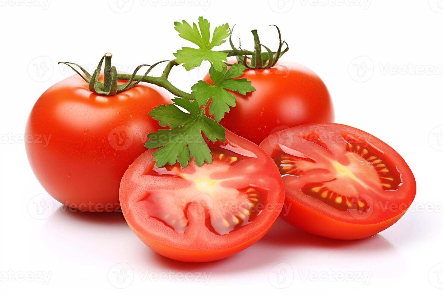 AI generated A group of tomatoes with leaves isolated on white background photo
