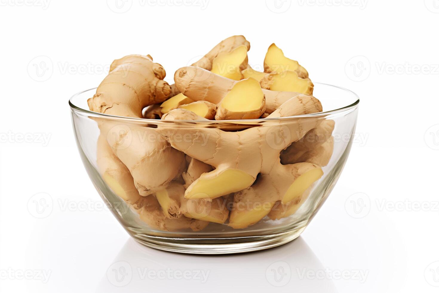 AI generated A lot of ginger in a bowl isolated on white background photo