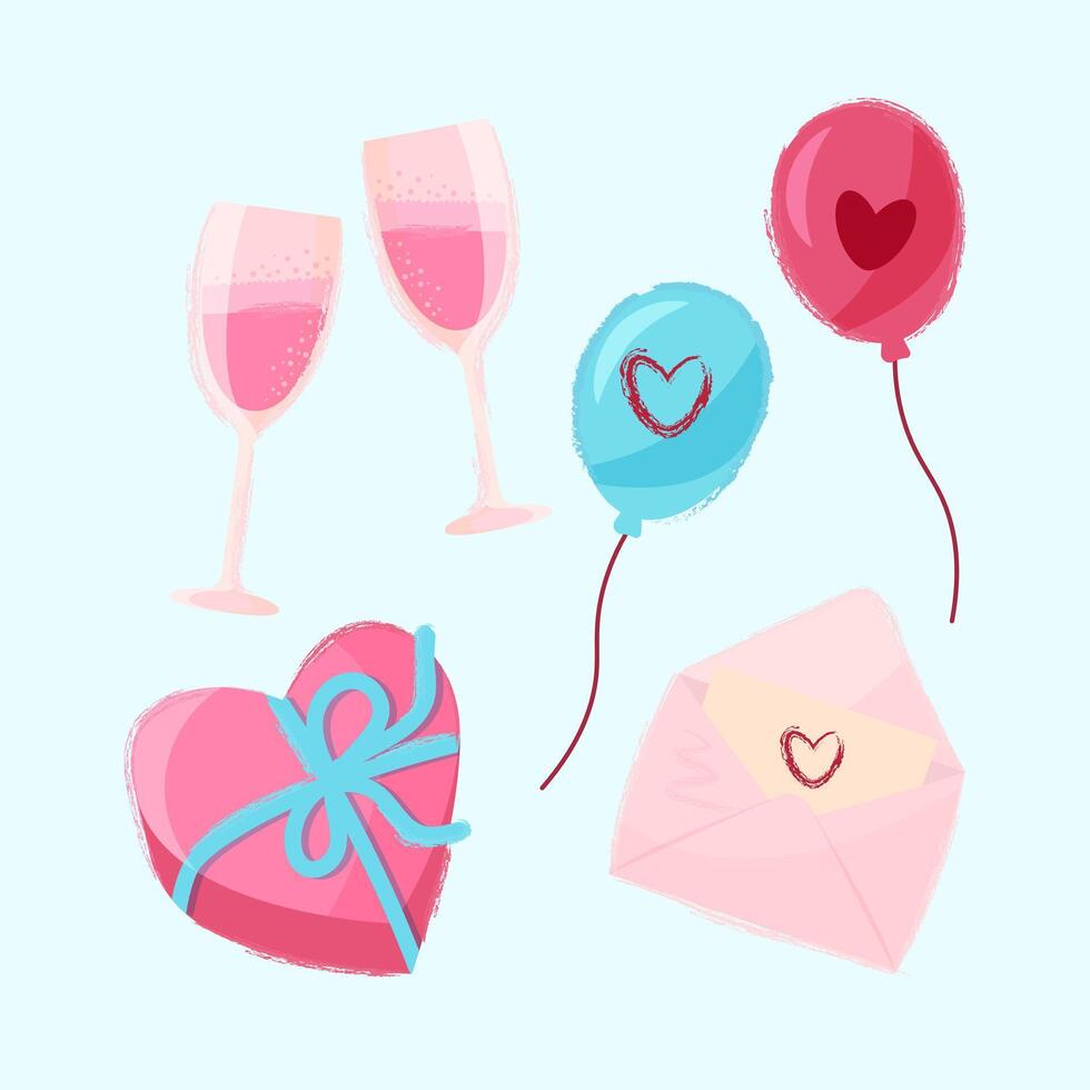 Set of elements for valentine's day. Heart shaped candy box, champagne glasses, balloons, love letter vector