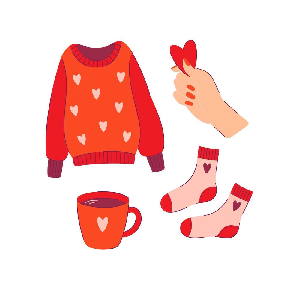 Valentine's Day element set. Sweater with hearts, coffee cup, socks, hand holding a valentine heart. Cute cozy stickers for valentine's day vector