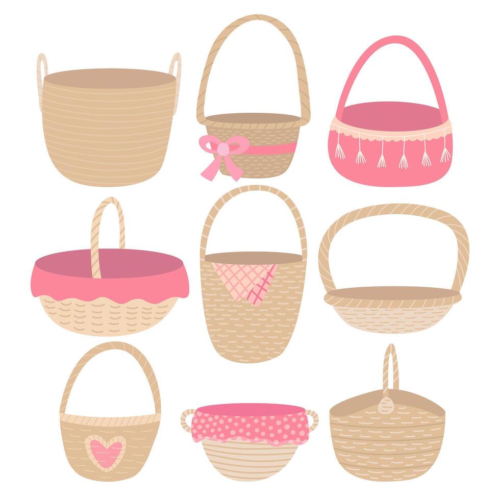 Set of wicker baskets. Vector flat differrent empty baskets set