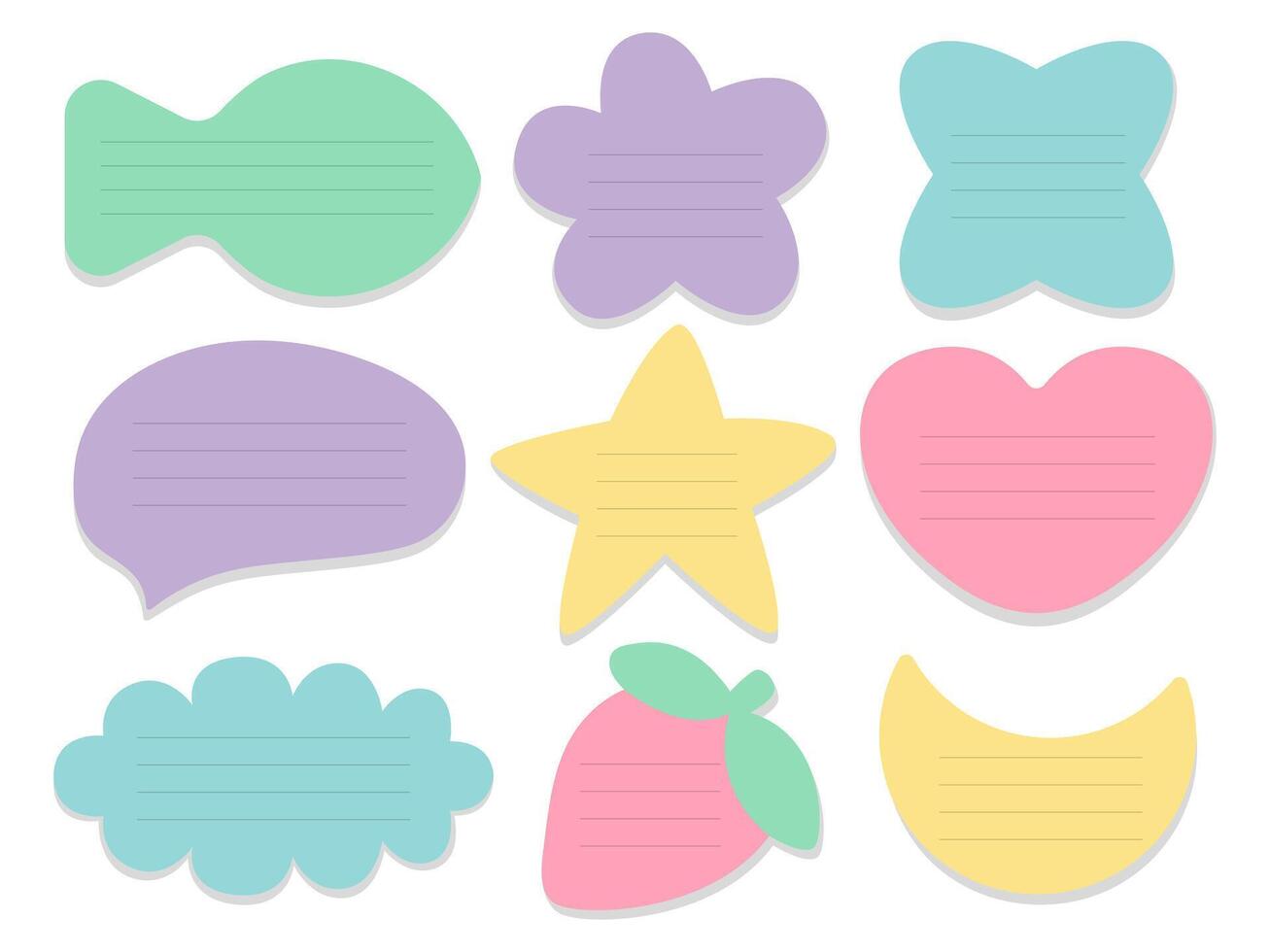 Paper blank sticky note flat set. Flat memo stickers different shapes vector set