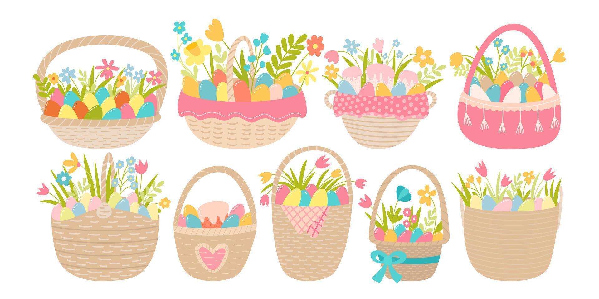 Happy Easter baskets set. Vector Easter wicker baskets with eggs and spring flowers flat set