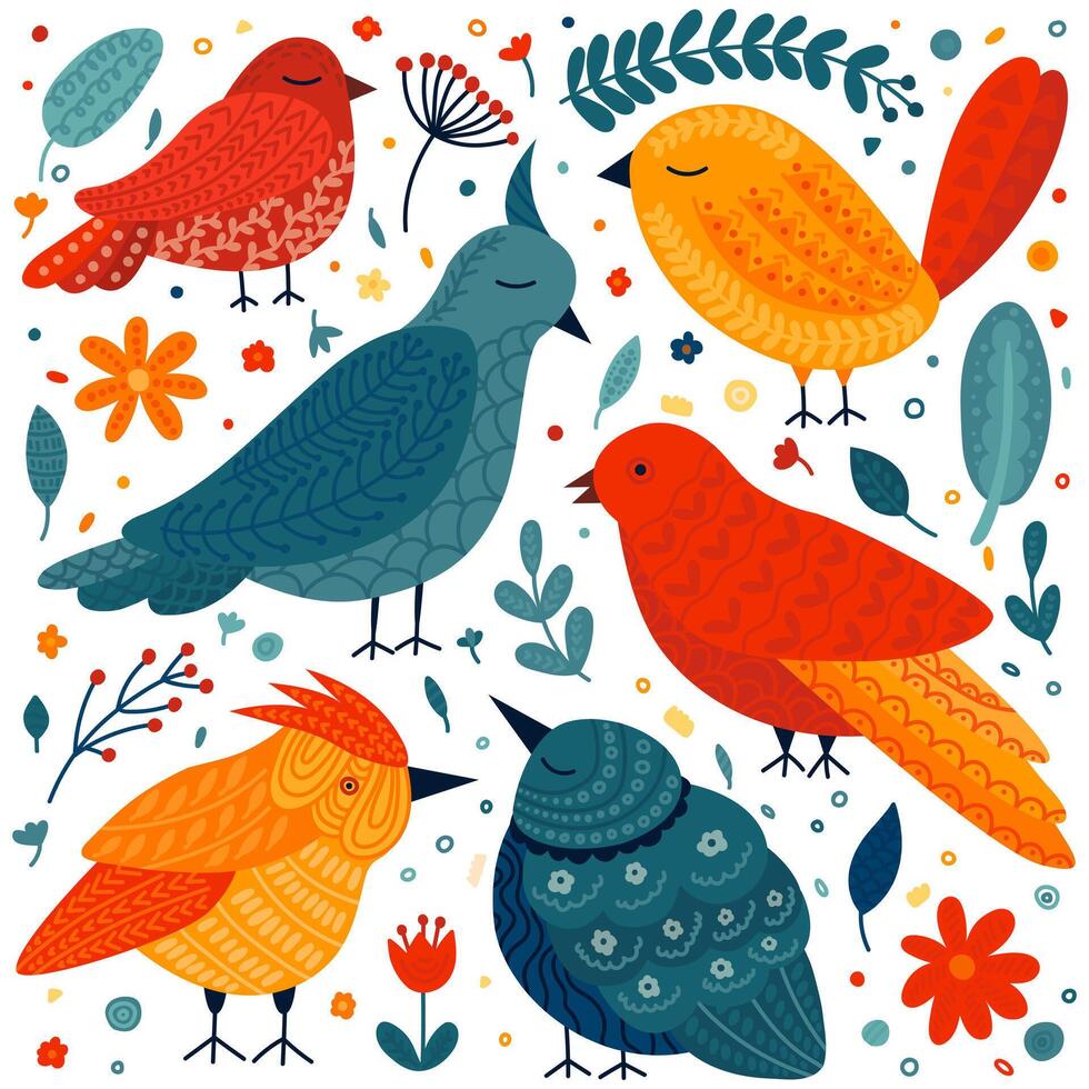 Ethnic folk birds vector set. Flat decorative folk birds with hand drawn ornaments set