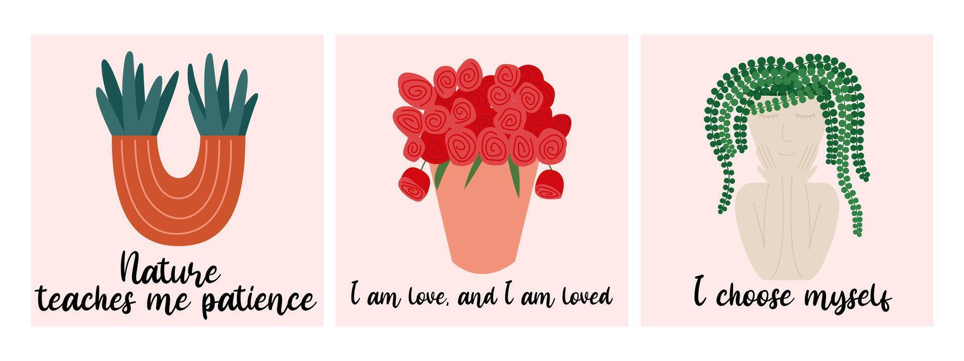 Affirmation cards set. Positive quotes and phrases vector flat style set