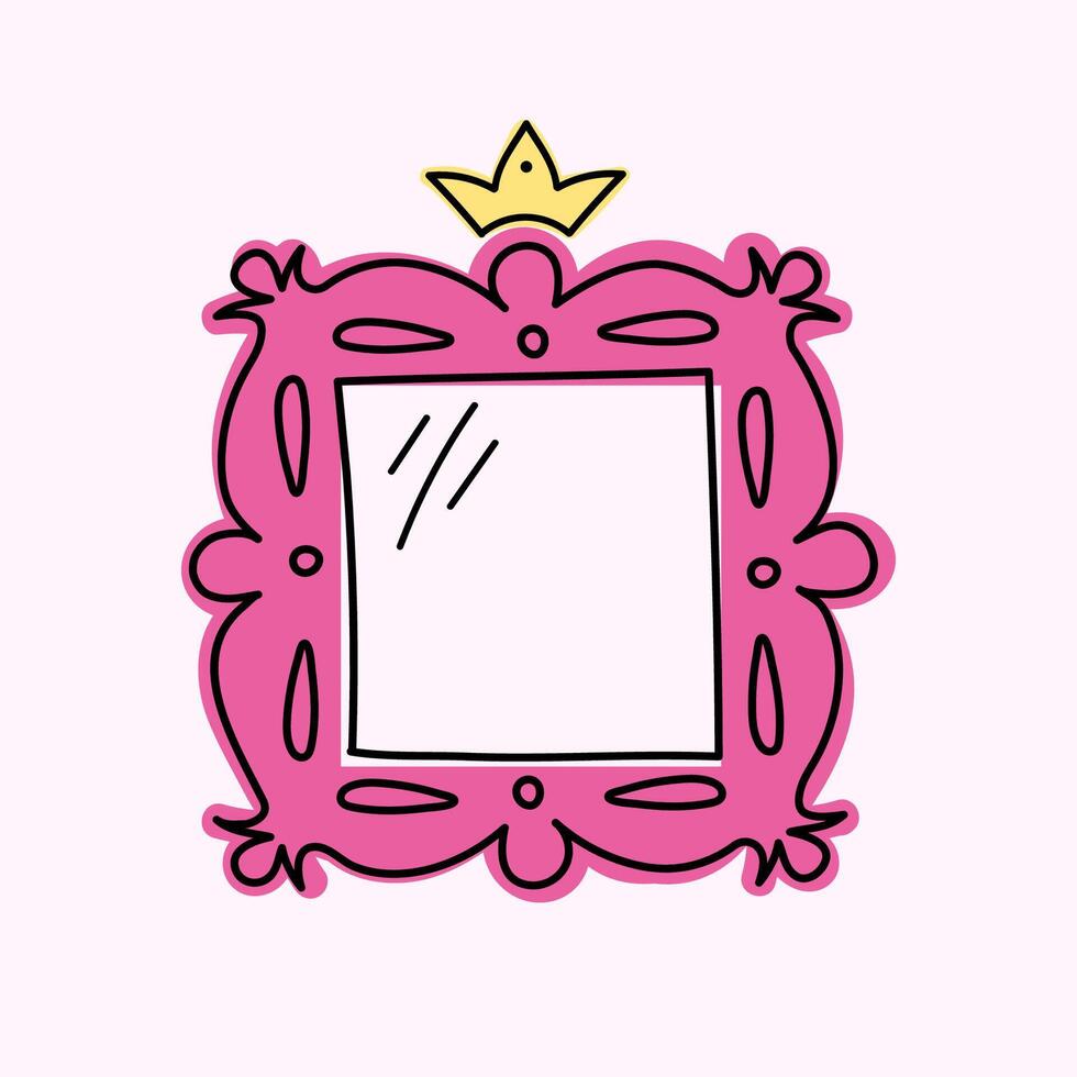 Cute square carved vector mirror in pink color. Fancy vintage hand drawn frames, crowns and swirls, decorative frame.