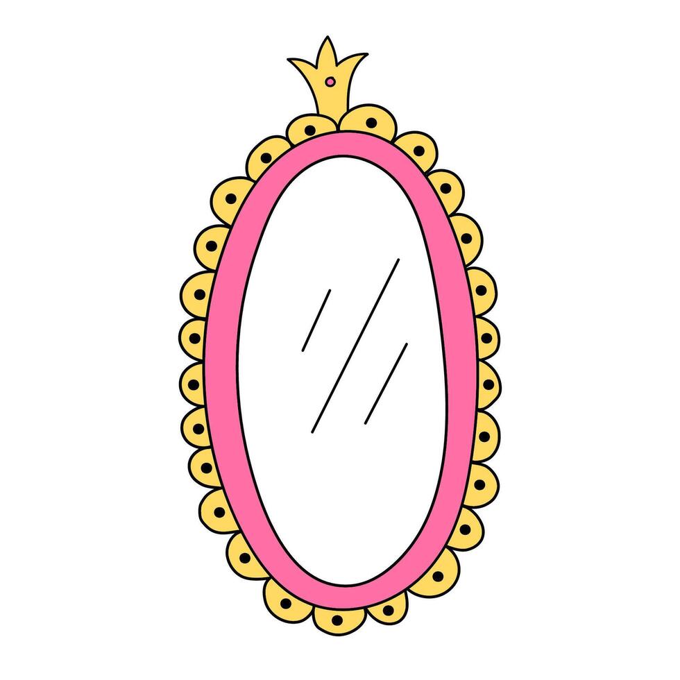 Cute oval vector frame with crown isolated on white background. Pink mirror for little princess, beautiful decorative border, hand drawn, doodle illustration.