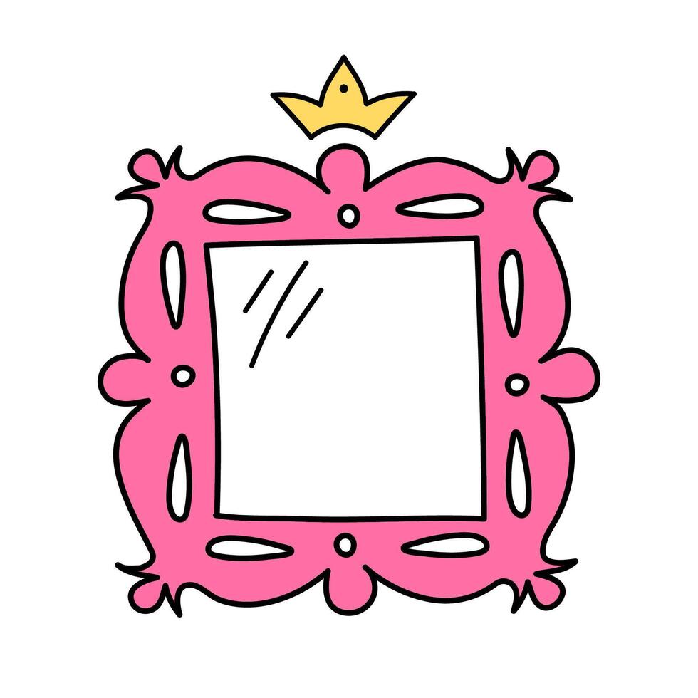 Elegant square vector frame with crown isolated on white background. Pink mirror for little princess, beautiful decorative border, hand drawn, doodle illustration.