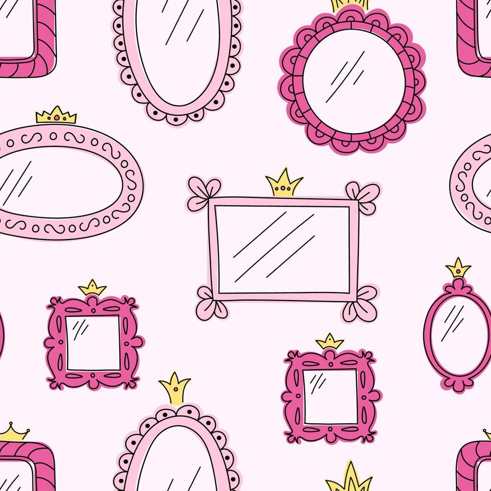 Seamless vector pattern, girly hand-drawn mirrors of different shapes on a pink background. Cute crowns, decorative borders, frames.