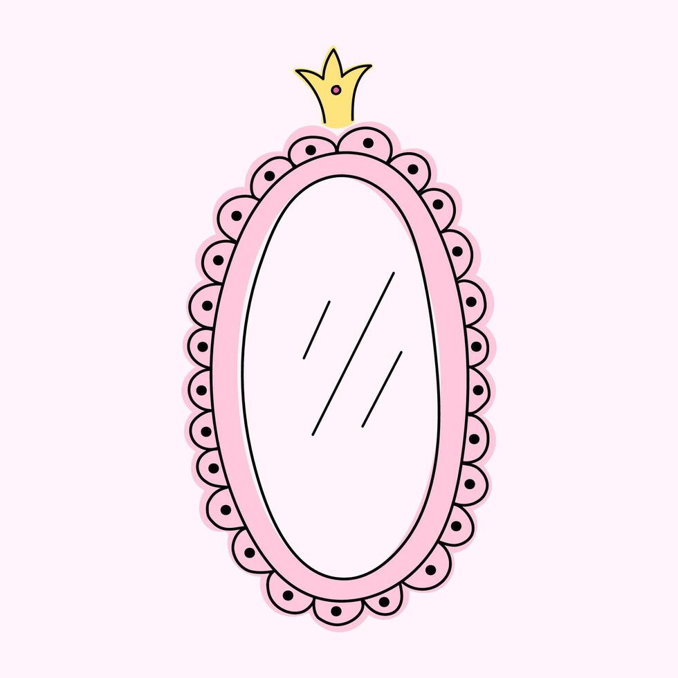 Cute oval vector mirror in pink color. Fancy vintage hand drawn frames, crowns and swirls, decorative frame.