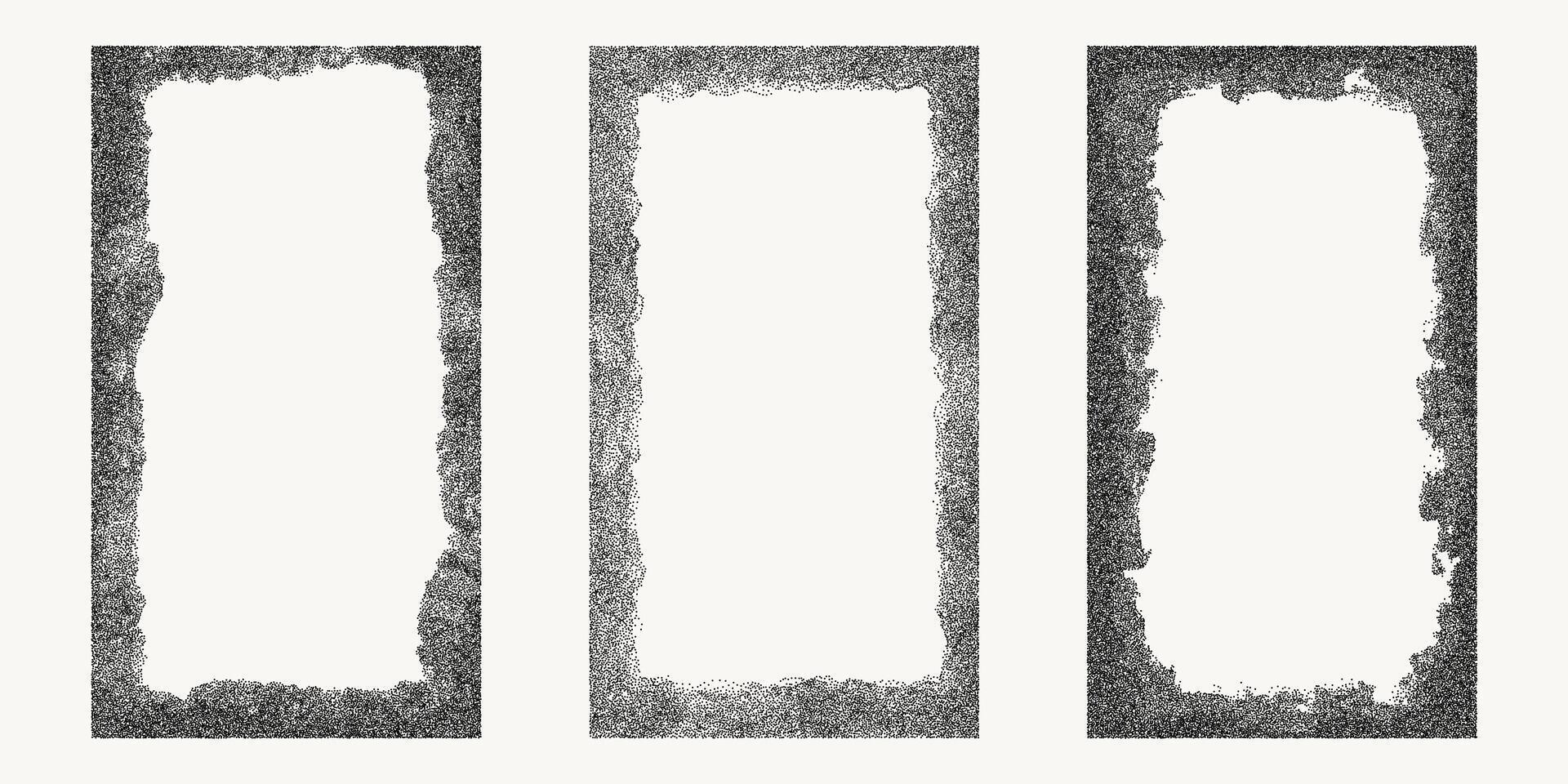 Set of black dotted textured vertical frame, noisy gritty dot halftone effect, vector illustration. Fashionable banner in grunge style. Rectangular graphic frames for social networks, stains, drops.