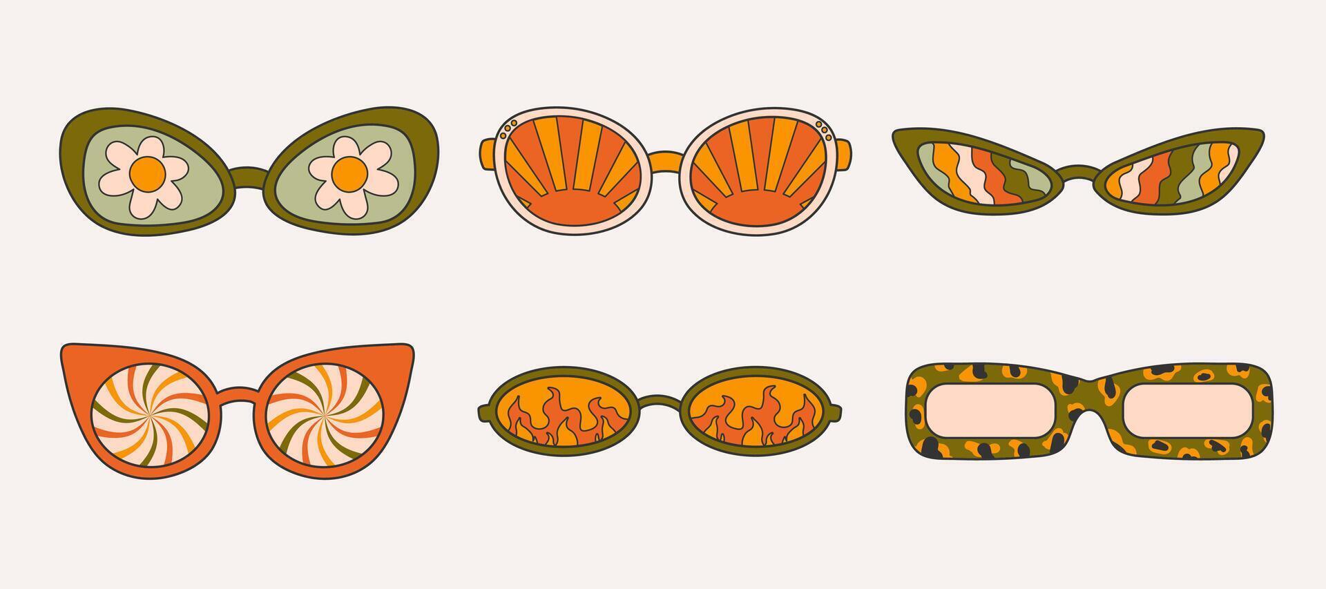 A set of fashionable sunglasses in a groove style. Retro accessories on a light background, hippie, 1970s. Various trippy patterns in glass. vector