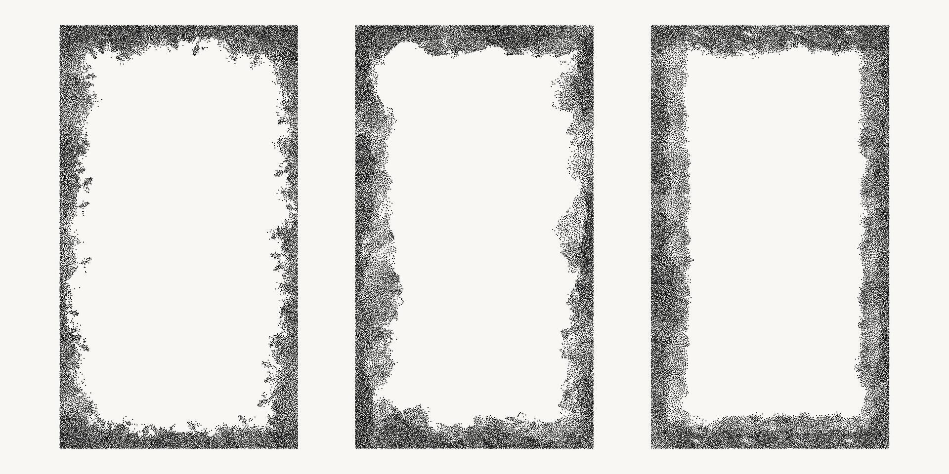 Set of black dotted textured vertical frame, noisy gritty dot halftone effect, vector illustration. Fashionable banner in grunge style. Rectangular frames for social networks, stains and drops.