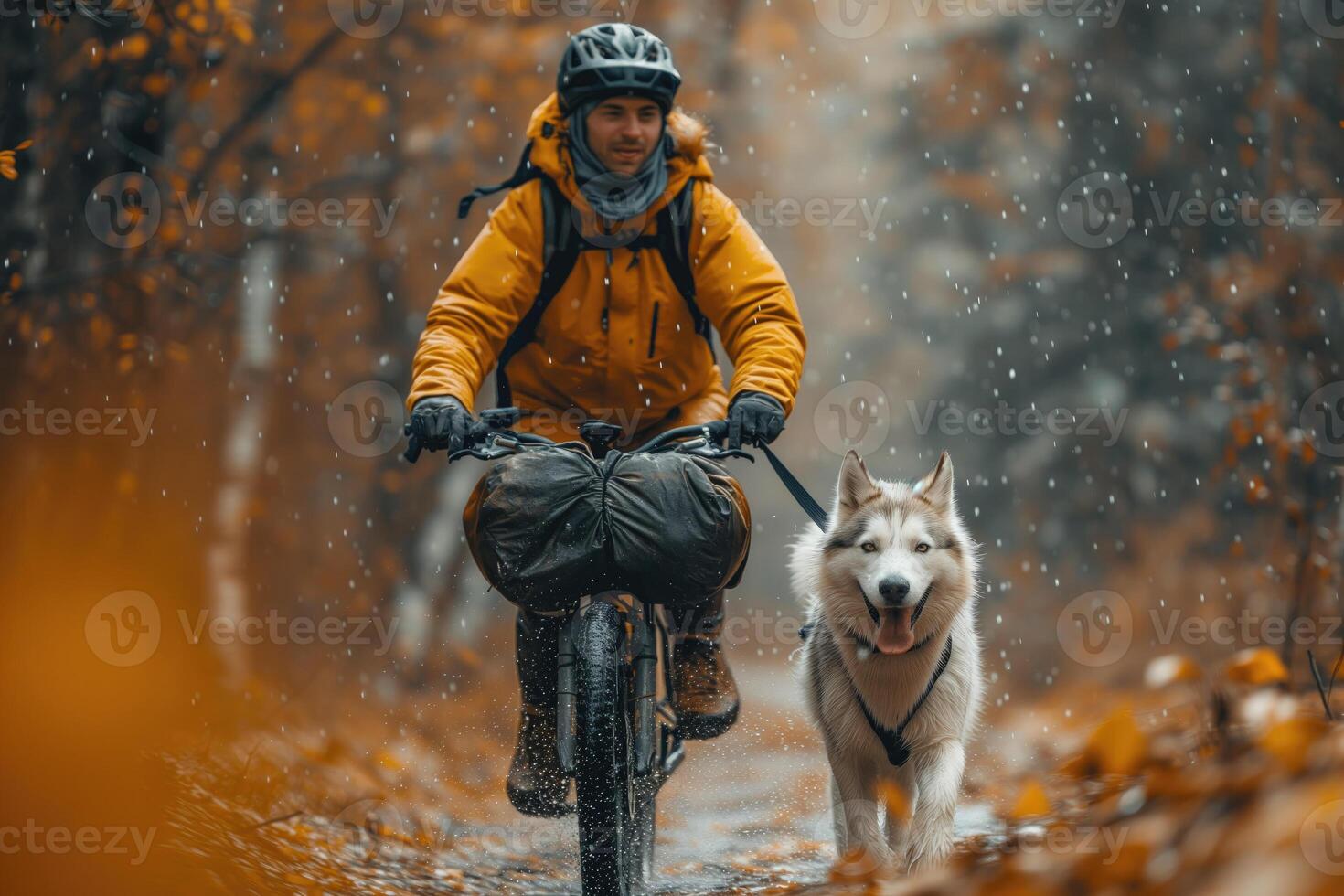AI generated husky dog runs with a cyclist on a touring photo