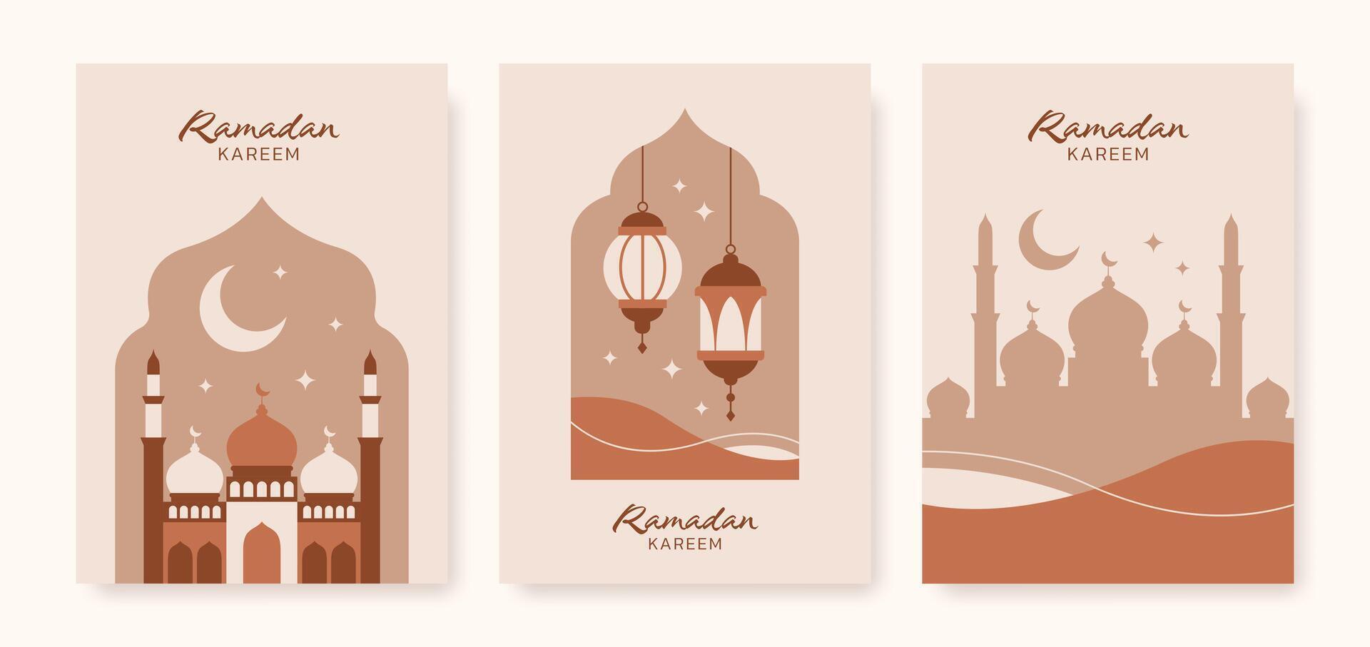 Collection of boho aesthetic Ramadan Kareem posters. Islamic minimalist modern design templates. Vector illustration