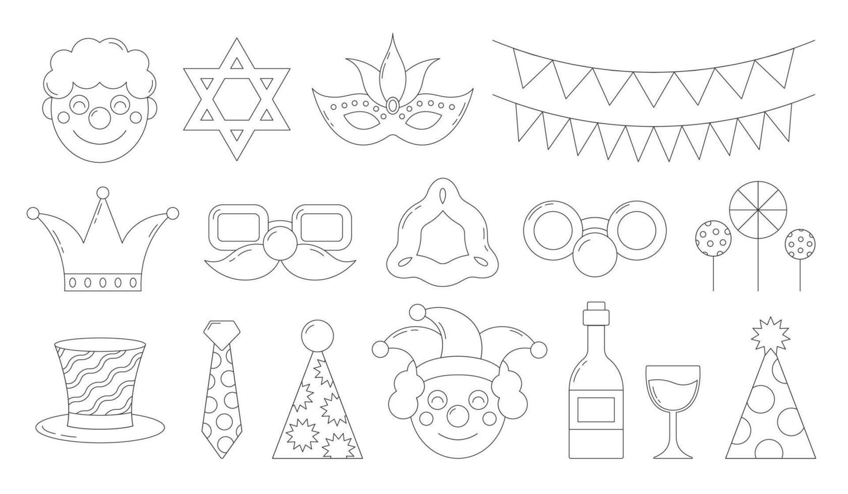 Set of festive Purim carnival elements in line style. Cute outline holiday accessories. Vector illustration