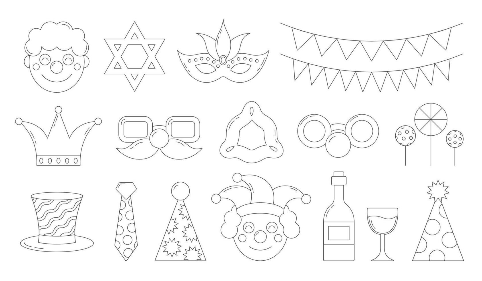 Set of festive Purim carnival elements in line style. Cute outline holiday accessories. Vector illustration