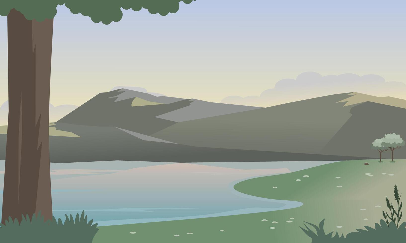 montaña y lago paisaje con verde prados y arboles en el Mañana o tarde. vector ilustración.