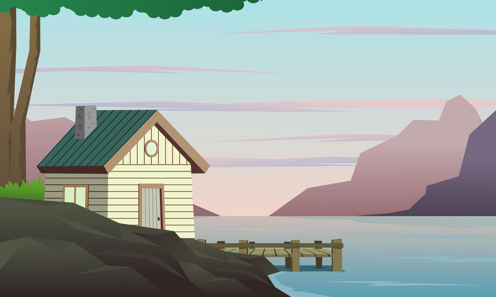 Wooden house with beautiful lake and mountain landscape. Countryside. vector