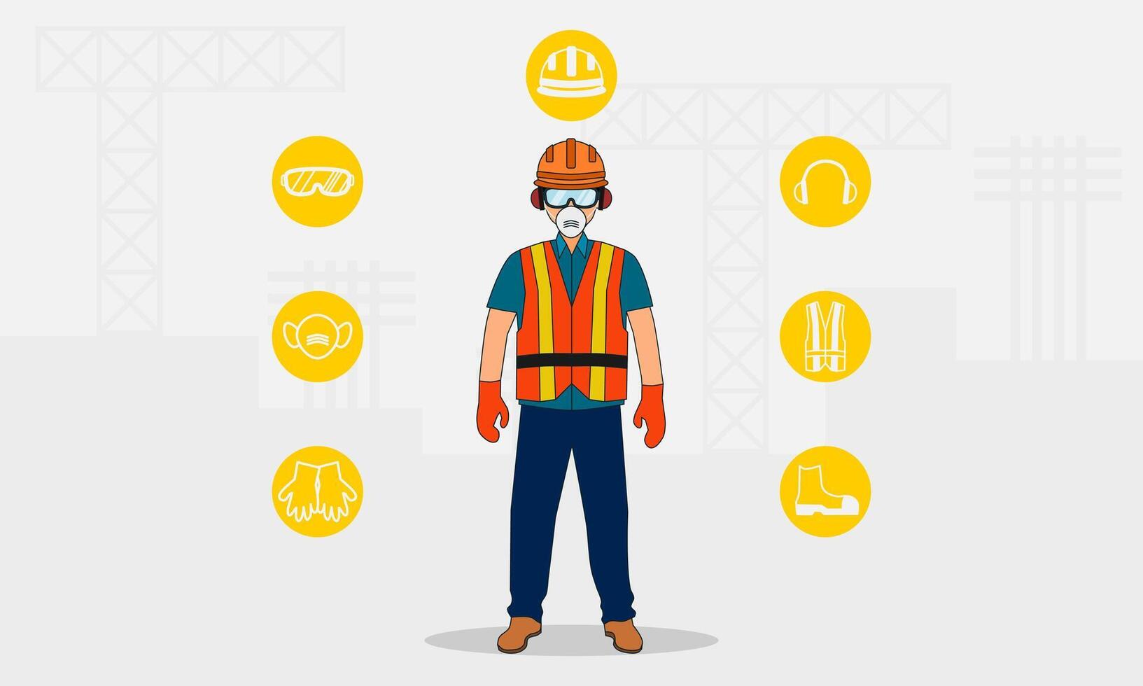 Safety equipment. Worker with personal protective equipment. Vector illustration.