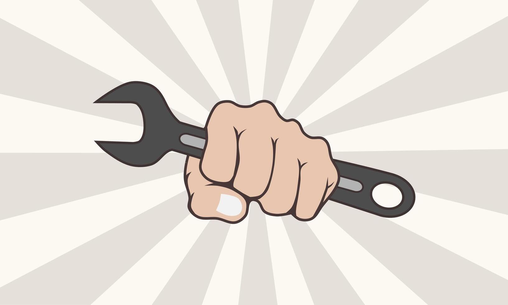Worker hand holding wrench. Labor day concept. Vector illustration.