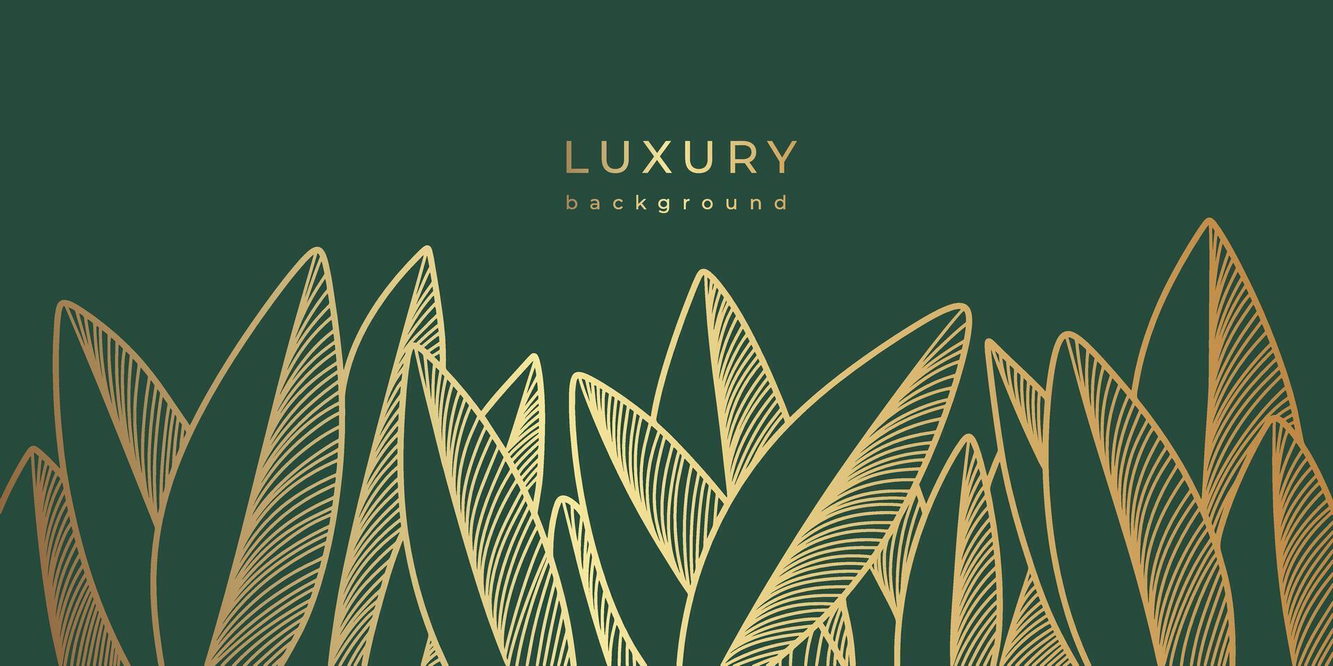 Luxury linear background with golden leaves. Gold banana leaf border on dark green background. Line art. Plant with line pattern. vector