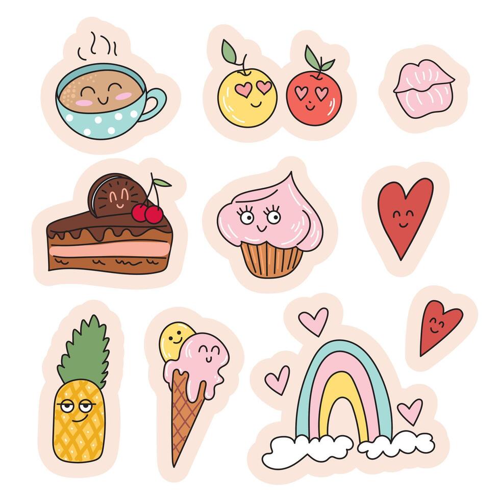 Set of stickers with cute food with anthropomorphic faces. Mug of cappuccino, apples, hearts, rainbow, piece of cake, ice cream, muffin, pineapple, lips. Collection of kawaii sweets vector