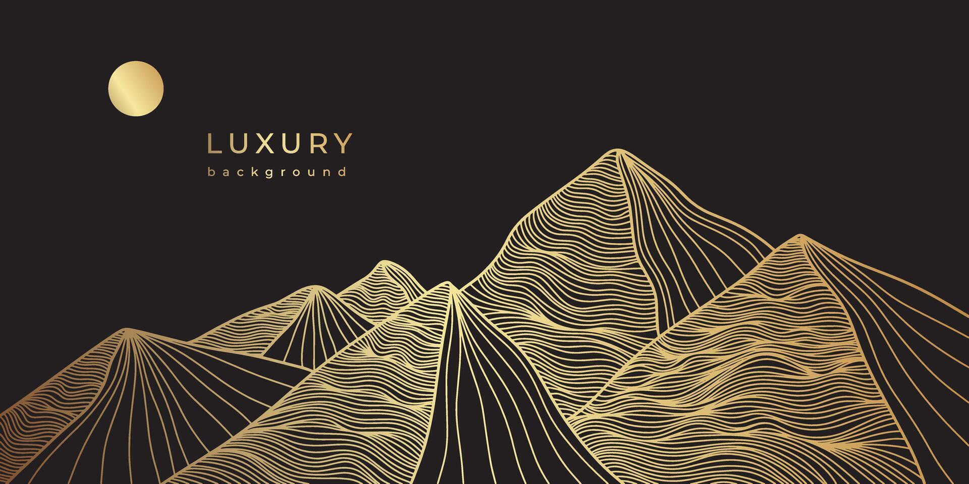 Luxury linear golden mountains. Sand pyramids. Desert. Abstract landscape. Minimalist wall art. Line art background design. Linear hills with striped pattern. Vector illustration. Gold color banner.