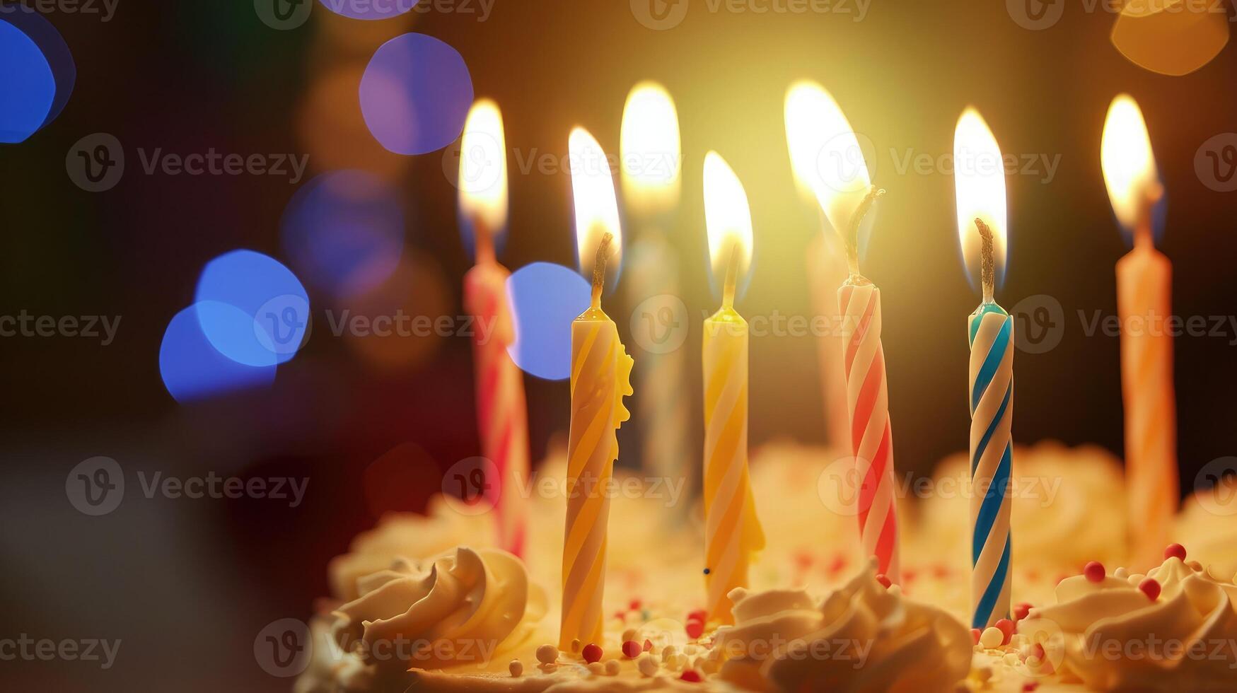 AI generated closeup of some unlit candles and just one lit candle after blowing out the cake photo