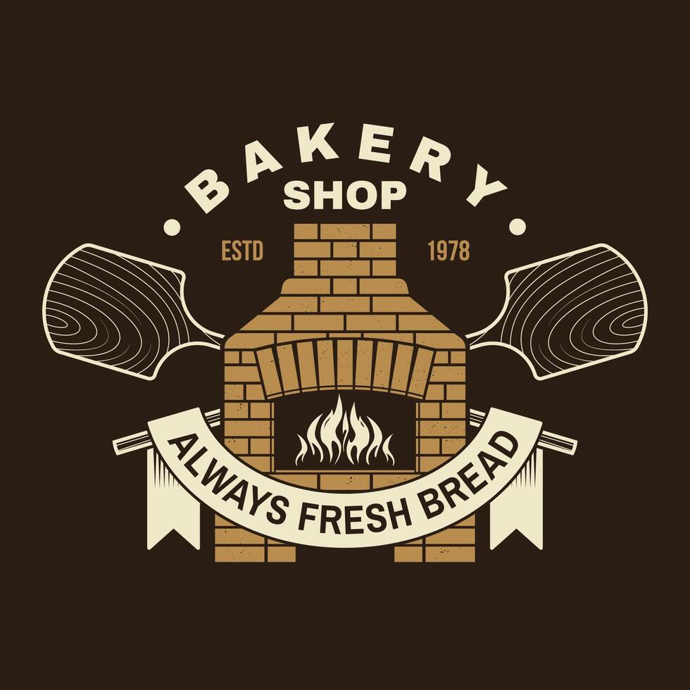 Handcrafted bakery shop badge, logo. Vector illustration Typography design with old oven, wooden bread shovels silhouette. Template for restaurant identity objects, packaging and menu