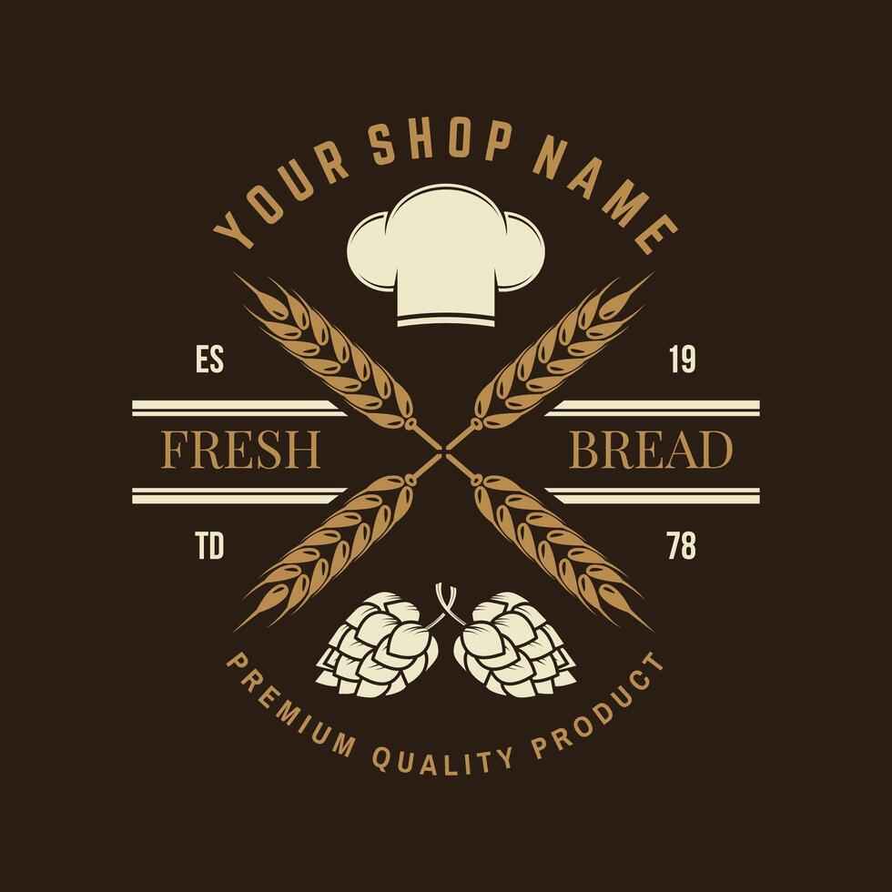 Hand crafted bread badge, logo. Vector. Typography design with dough, hop and chef hat silhouette. Template for restaurant identity objects, packaging and menu vector