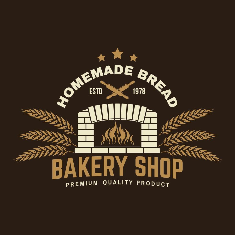 Bakery shop badge, logo. Vector. Typography design with old oven, ears of wheat silhouette. Template for restaurant identity objects, packaging and menu vector