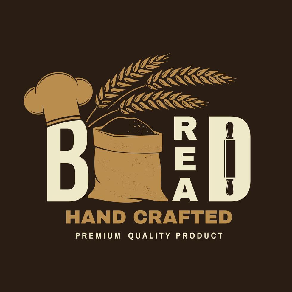 Hand crafted bread badge, logo. Vector illustration Typography design with bag with flour, ears of wheat silhouette. Template for restaurant identity objects, packaging and menu