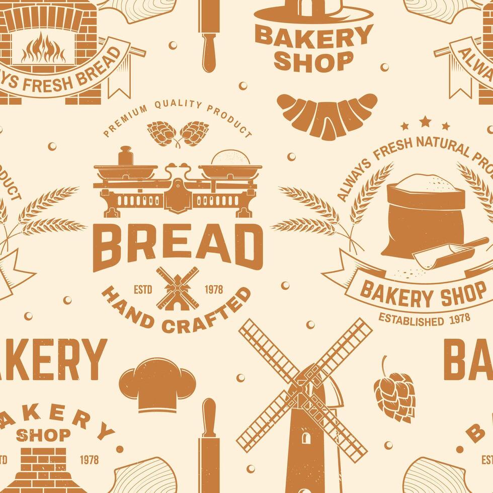 Bakery shop seamless pattern or background. Vector. Seamless bakery pattern with with rolling pin, windmill, wheat ears silhouette. Bakery shop texture. vector