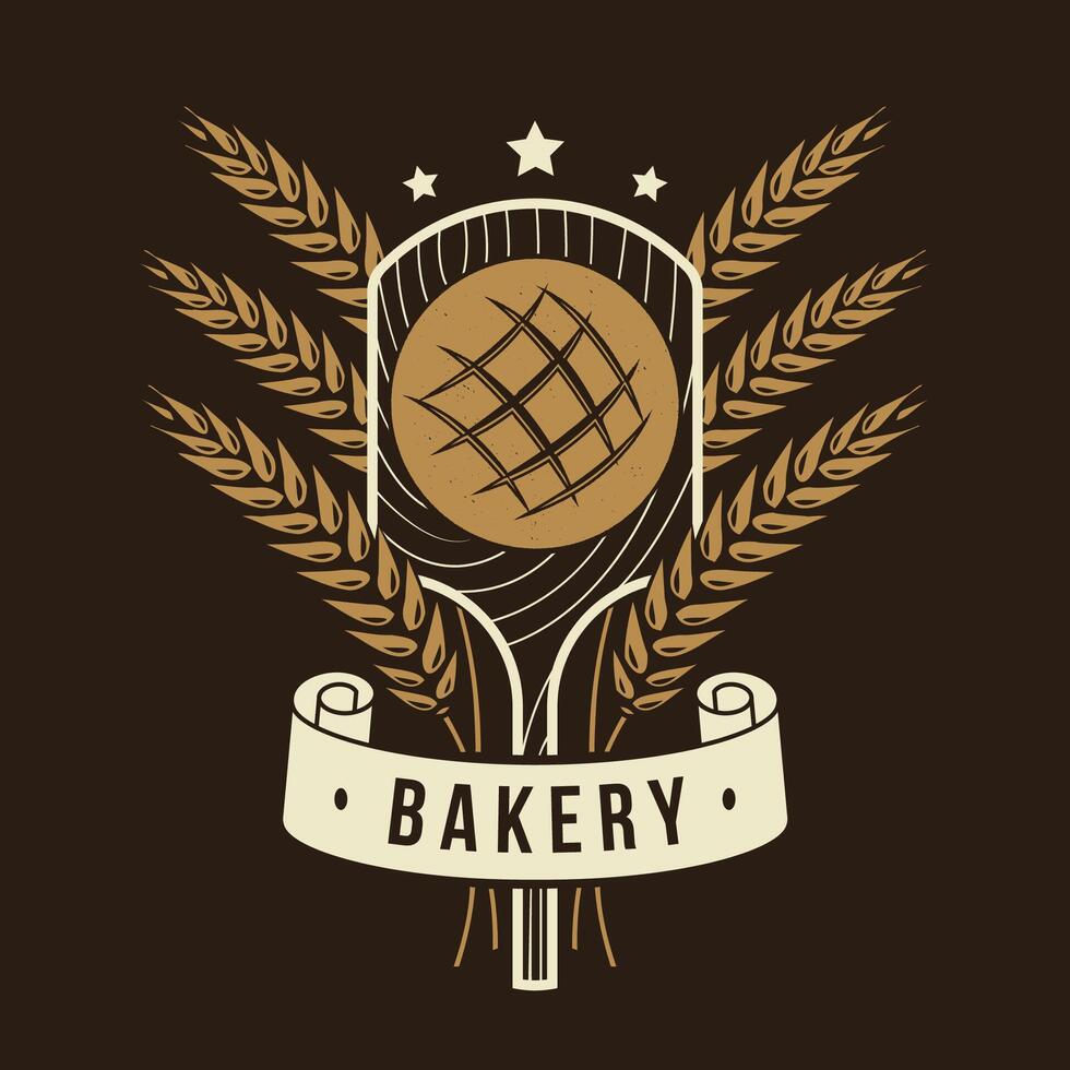 Bakery badge, logo. Vector illustration Typography design with bread on the shovel, ears of wheat silhouette. Template for restaurant identity objects, packaging and menu