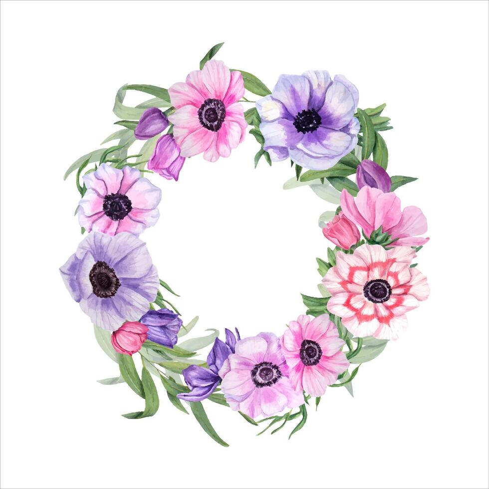 Watercolor anemones wreath. Circle composition with copy space for text. Botanical painting for Valentine day, birthday, mother day cards vector