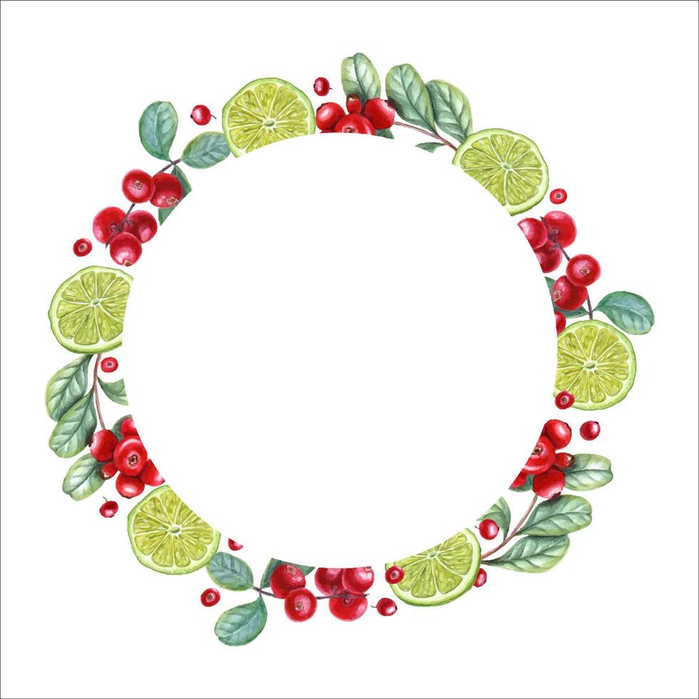 Juicy Fruit Wreath. Round Frame with lime slices, lingonberries, cranberries. Watercolor illustration. Circular border of ripe yellow fruits and red berries. For icon or logo vector