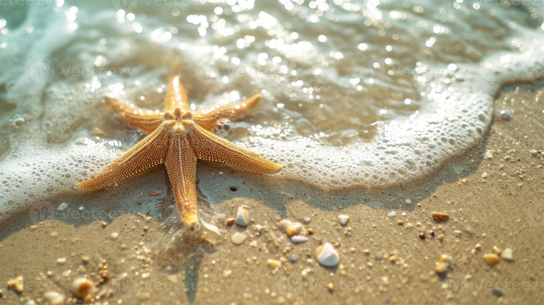 AI generated Starfish on the sand beach in clear sea water. Summer background. Summer time .Copy space. Relaxing on the beach. photo