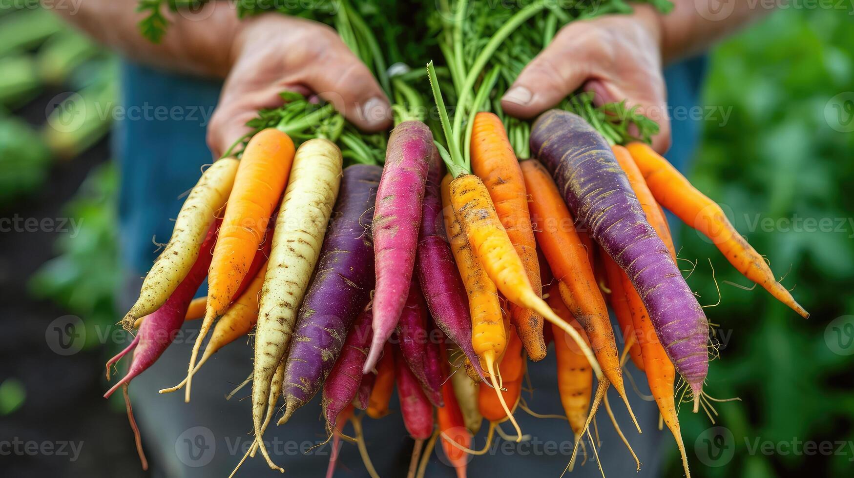 AI generated Fresh rainbow carrots picked from the garden photo