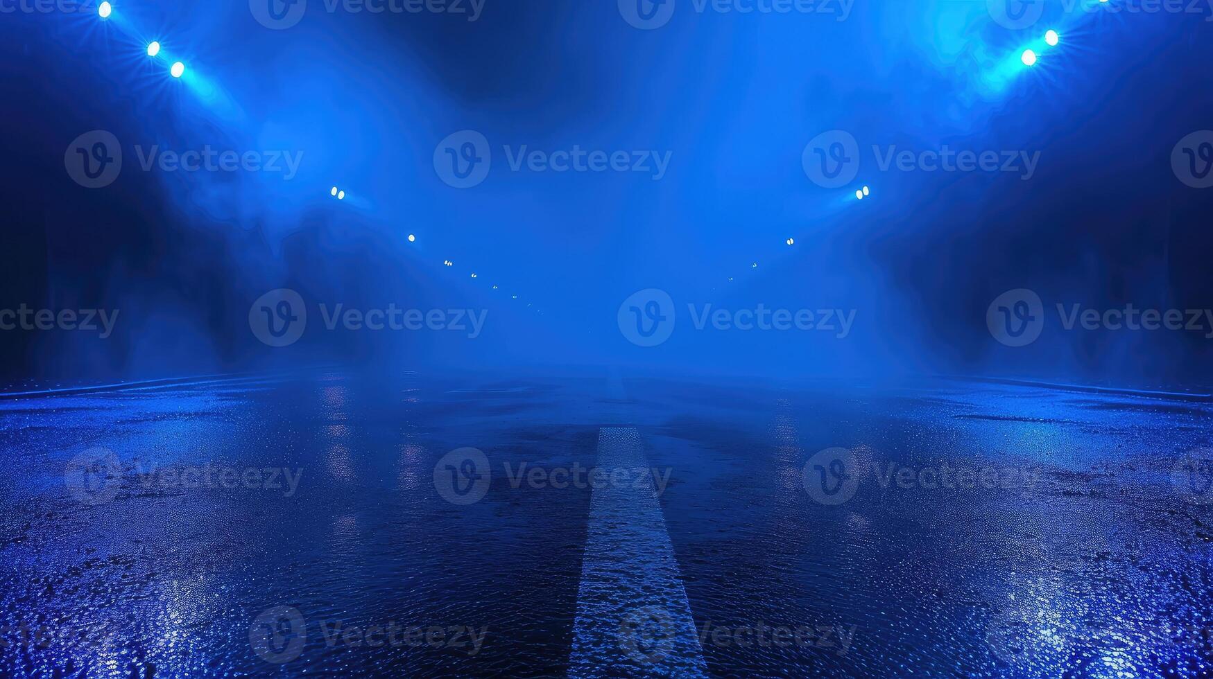 AI generated dark empty street, dark blue background, an empty dark scene, neon light, spotlights The asphalt floor and studio room with smoke float up the interior texture. night view photo