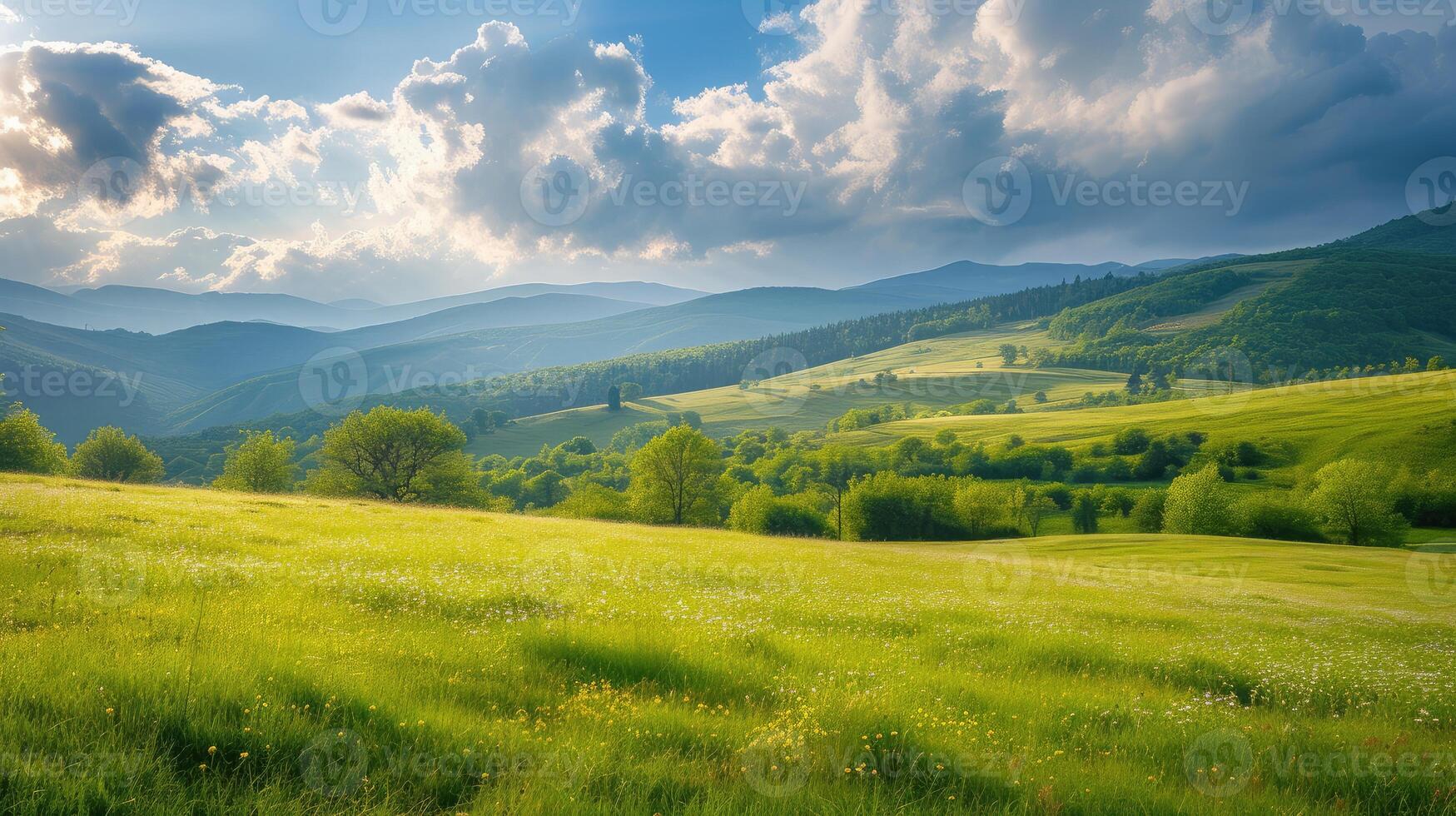 AI generated beautiful countryside of romania. sunny afternoon. wonderful springtime landscape in mountains. grassy field and rolling hills. rural scener photo