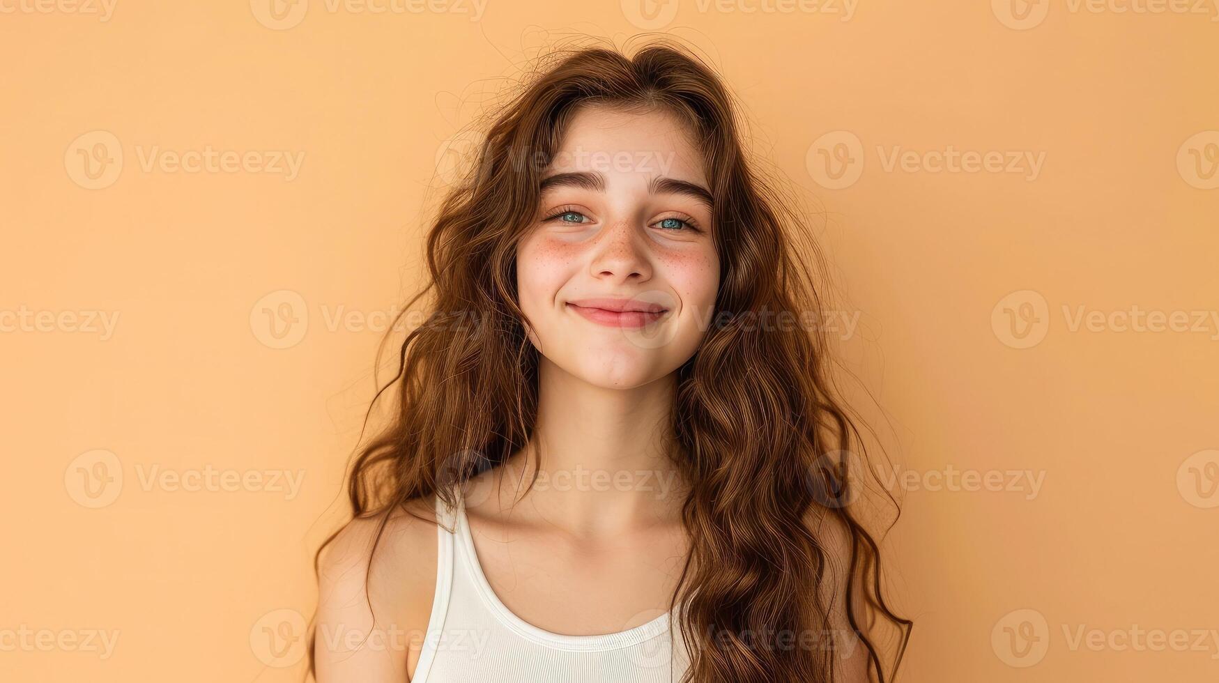 ai generado retrato de linda encantador bonito bonito adolescente adolescente Mira peinado pelo sensación alegre atractivo encantador vestir blanco de color claro parte superior camiseta aislado pastel beige antecedentes foto