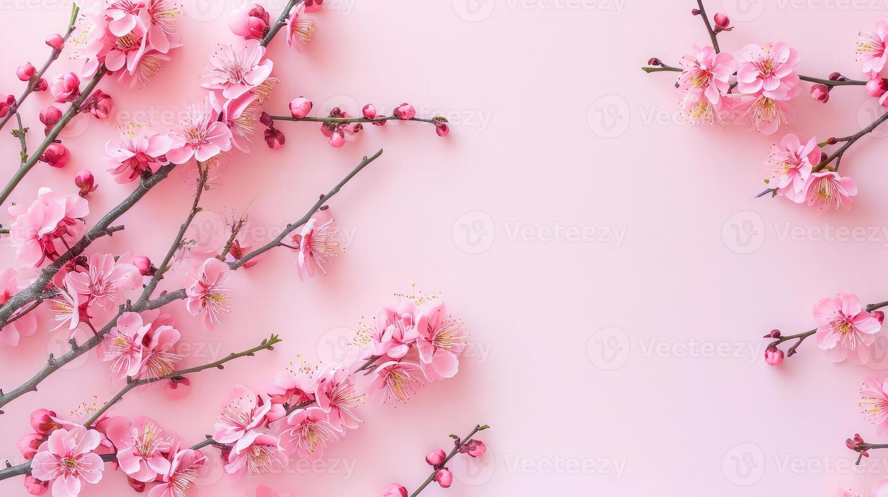 AI generated Happy women's day concept, pink plum blossom frame on pastel background. Flat lay ,top view. photo