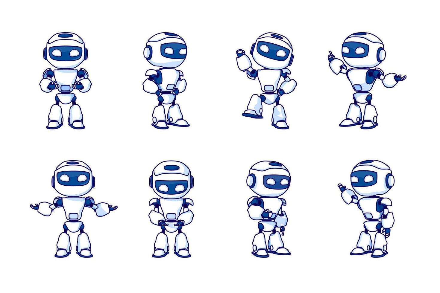 Robot character set for the animation with various poses. Vector illustration.