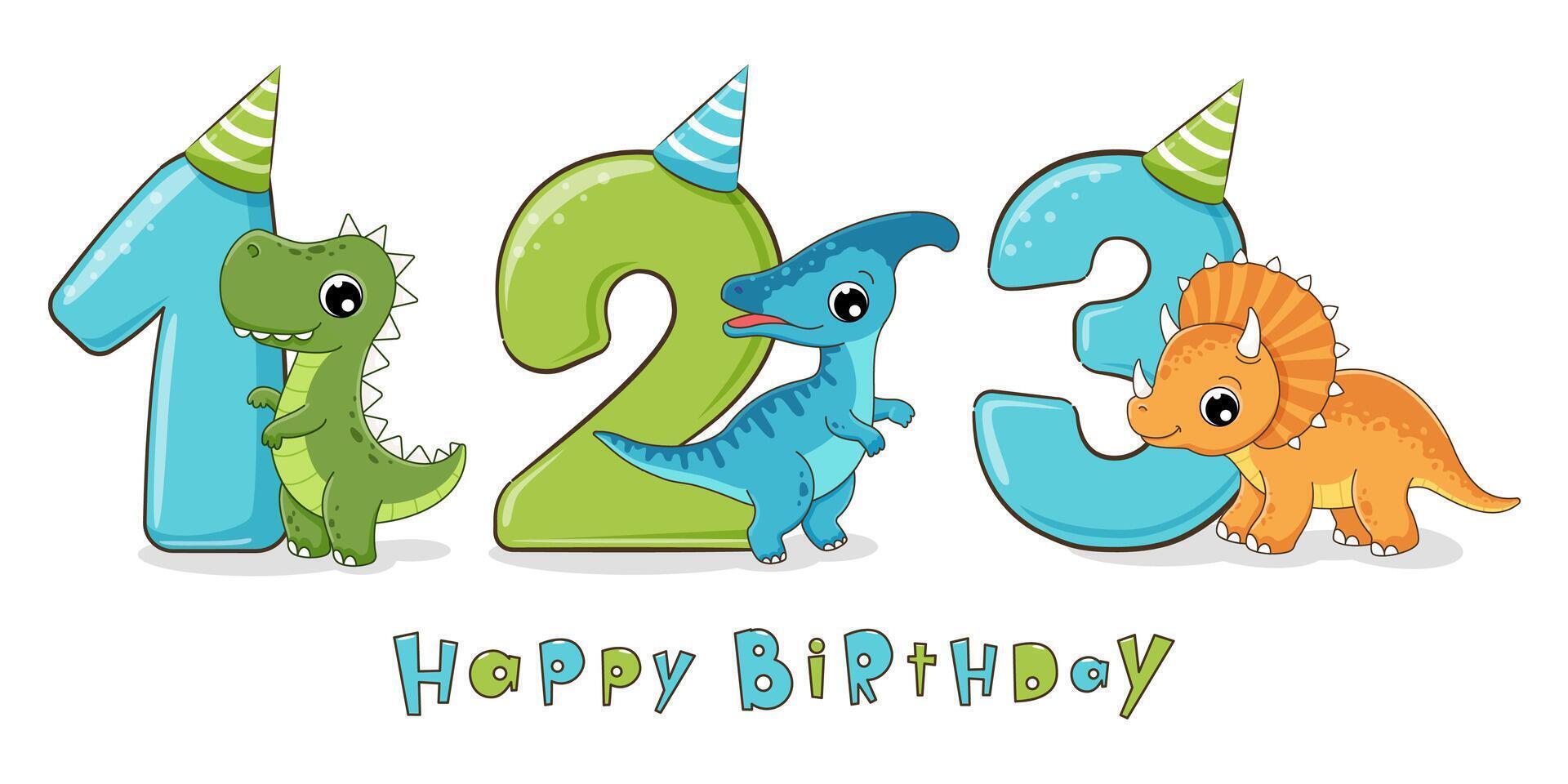 Cute dinosaur birthday party with numbers 1, 2, 3. First, second and third birthday. vector