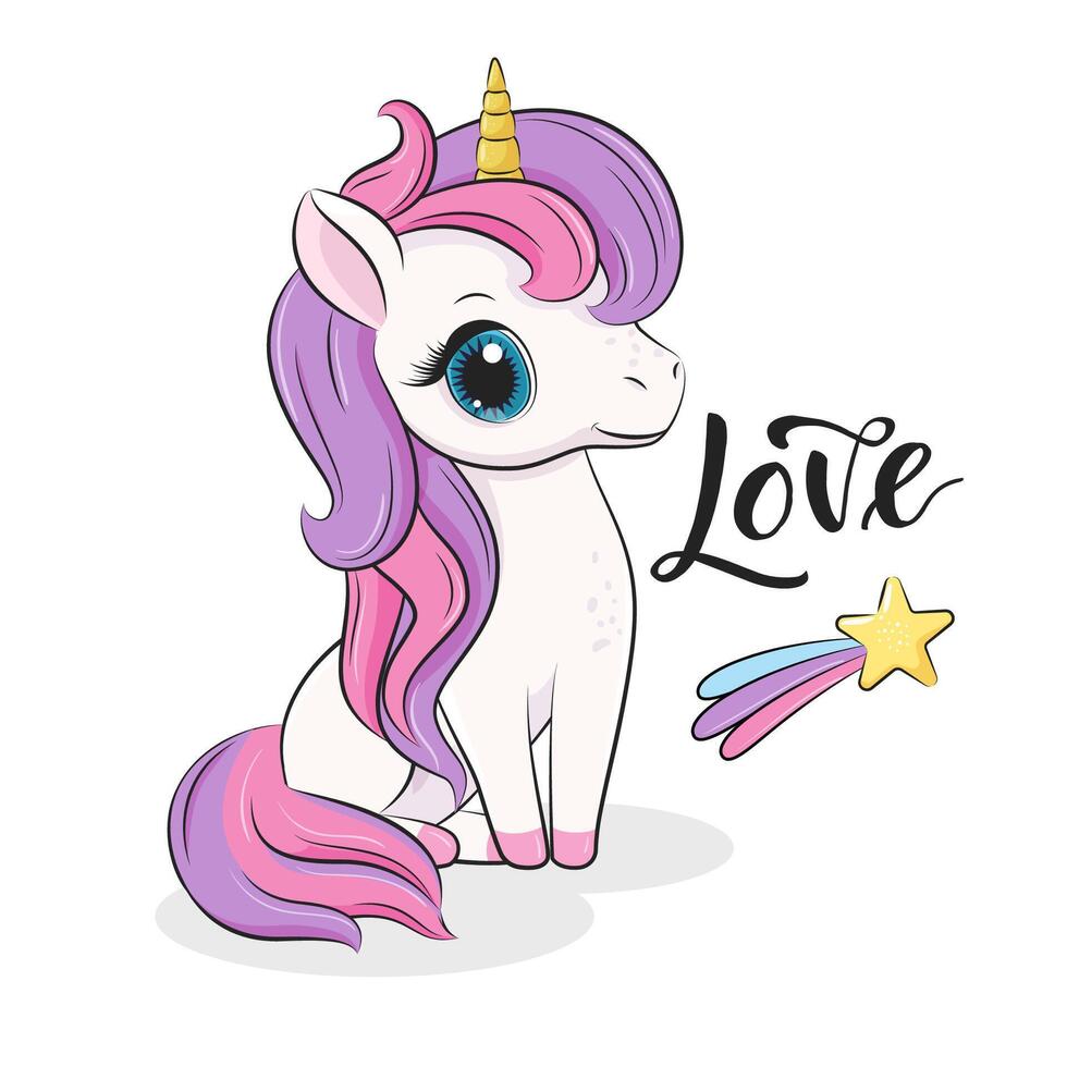 Beautiful cute baby unicorn. Cartoon vector illustration