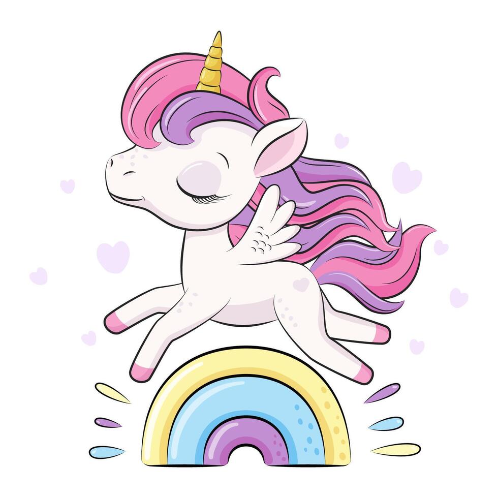 Beautiful cute baby unicorn is jumping on the rainbow. Cartoon vector illustration