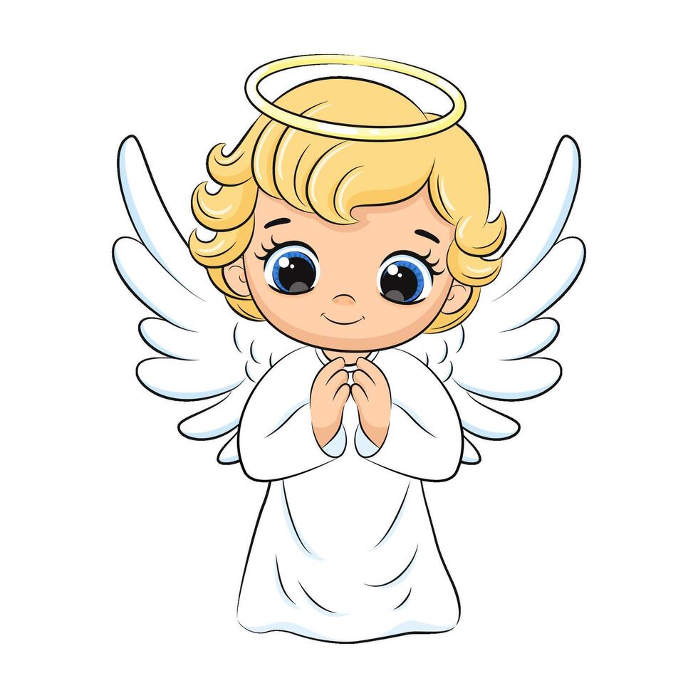 Cute baby angel with nimbus and wings. Vector illustration